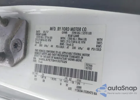 2017 Ford Transit Connect Xl z USA, uszkodzony, nr VIN NM0LS7E75H1337529